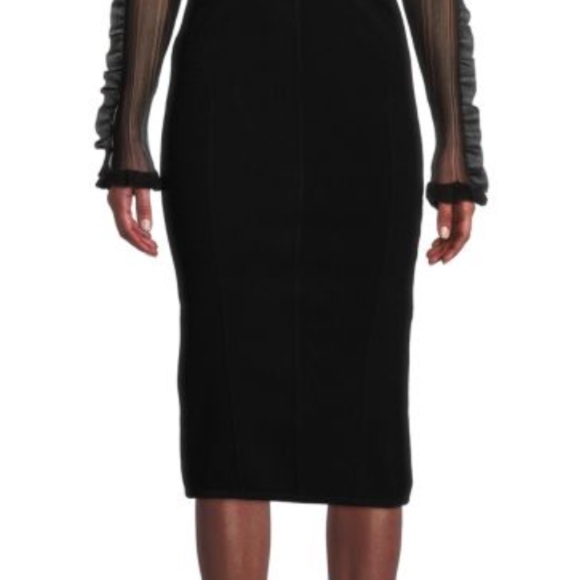 Herve Leger Black Ruffle Sheer Sleeve Corset Midi Dress Evening Cocktail Holiday - Picture 16 of 16